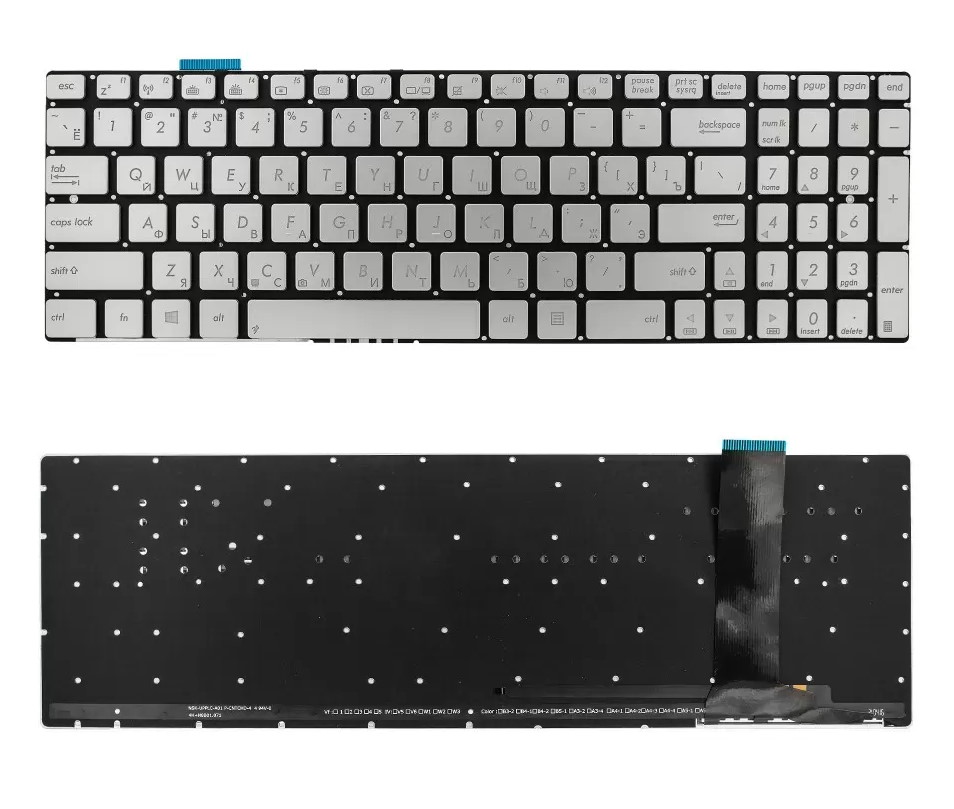 Клавиатура для ноутбука Asus N550 N750 Серебристая с подсветкой